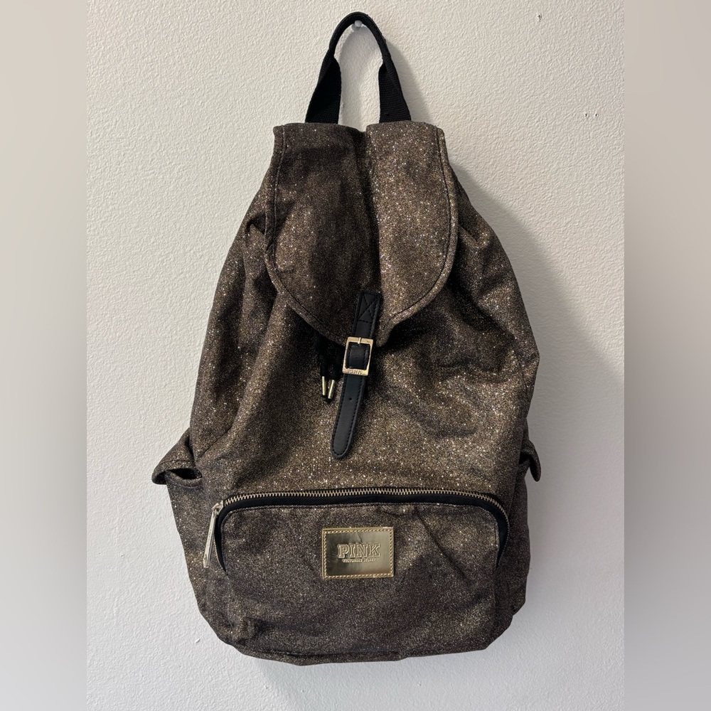 PINK Victoria's Secret Metallic gold/black Logo Patch Backpack Y2K